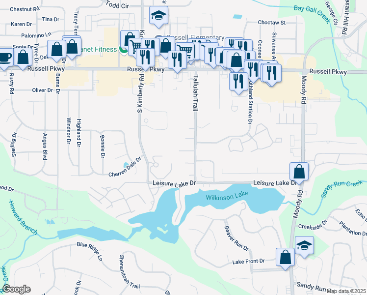 map of restaurants, bars, coffee shops, grocery stores, and more near 306 Tallulah Trail in Warner Robins