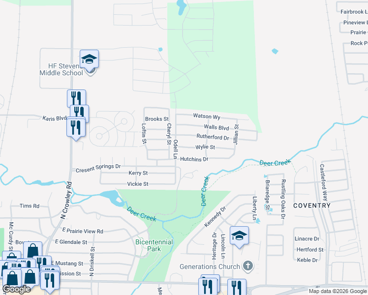 map of restaurants, bars, coffee shops, grocery stores, and more near 712 Wylie Street in Crowley