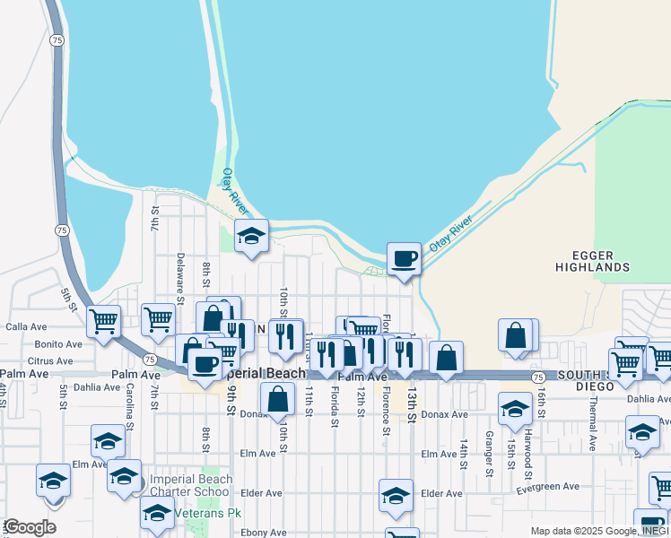 map of restaurants, bars, coffee shops, grocery stores, and more near Florida Street & Boulevard Avenue in Imperial Beach