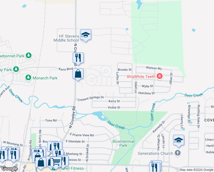 map of restaurants, bars, coffee shops, grocery stores, and more near 420 Swiss Drive in Crowley