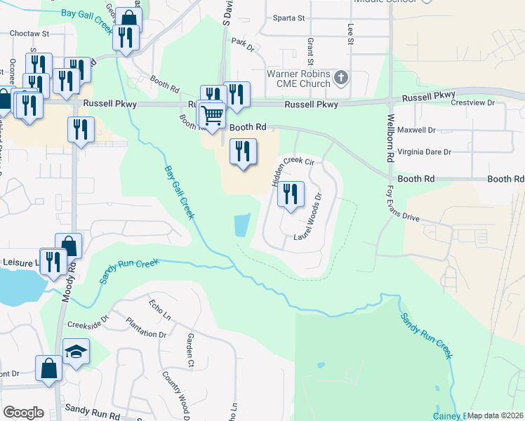 map of restaurants, bars, coffee shops, grocery stores, and more near 322 Hidden Creek Circle in Warner Robins