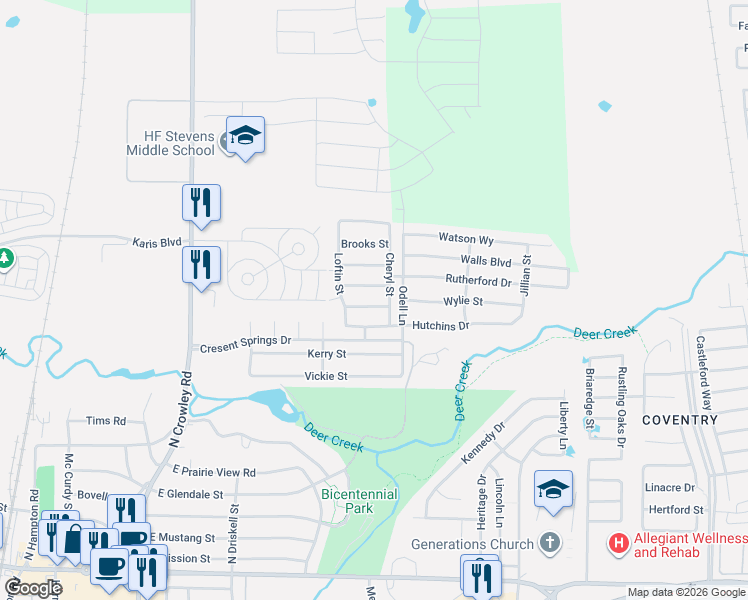 map of restaurants, bars, coffee shops, grocery stores, and more near 657 Hutchins Drive in Crowley