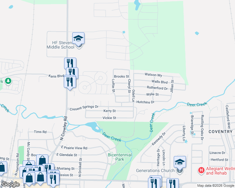 map of restaurants, bars, coffee shops, grocery stores, and more near 625 Hutchins Drive in Crowley