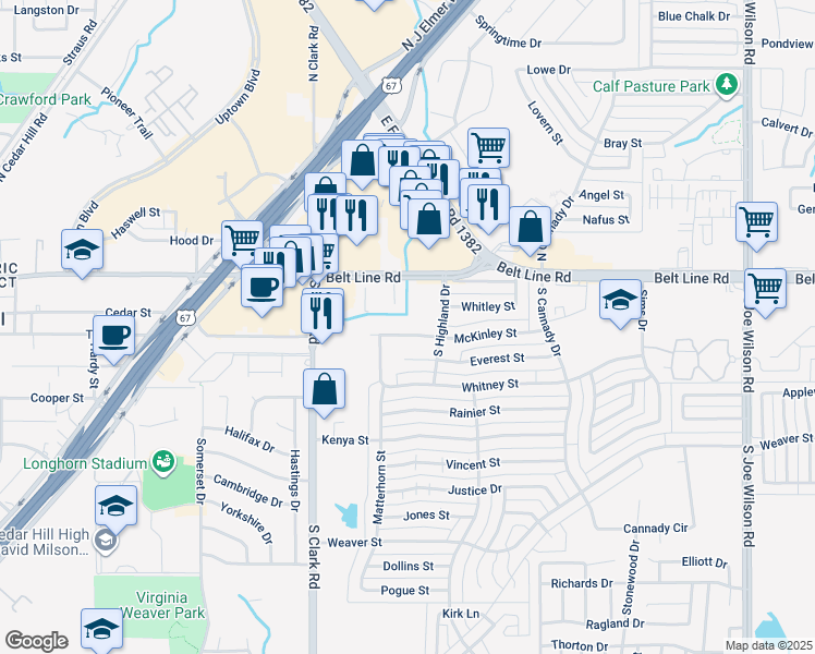 map of restaurants, bars, coffee shops, grocery stores, and more near 414 McKinley Street in Cedar Hill