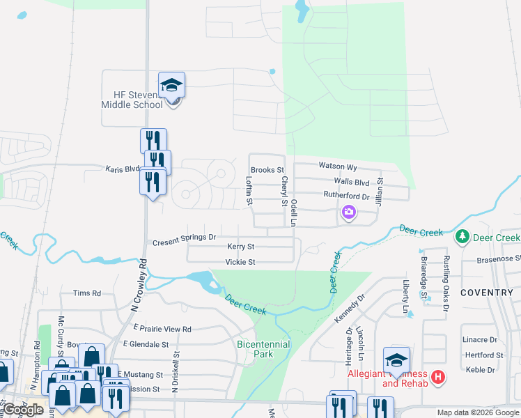 map of restaurants, bars, coffee shops, grocery stores, and more near 629 Nemitz Street in Crowley
