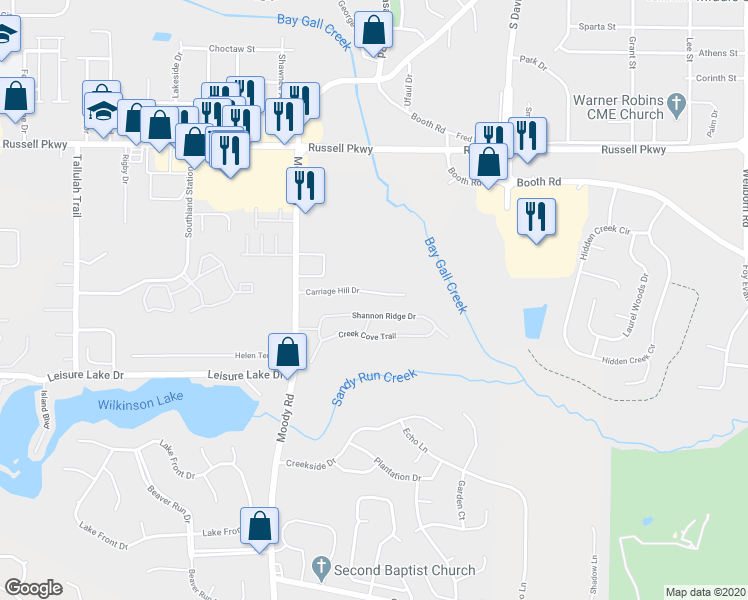 map of restaurants, bars, coffee shops, grocery stores, and more near 146 Carriage Hill Drive in Warner Robins