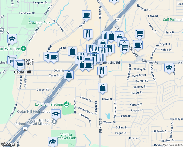 map of restaurants, bars, coffee shops, grocery stores, and more near 112 West Belt Line Road in Cedar Hill