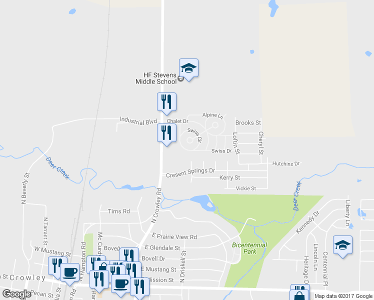 map of restaurants, bars, coffee shops, grocery stores, and more near 301 Swiss Drive in Crowley