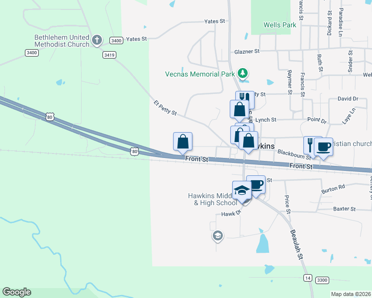 map of restaurants, bars, coffee shops, grocery stores, and more near 352-452 Blackbourn Street in Hawkins