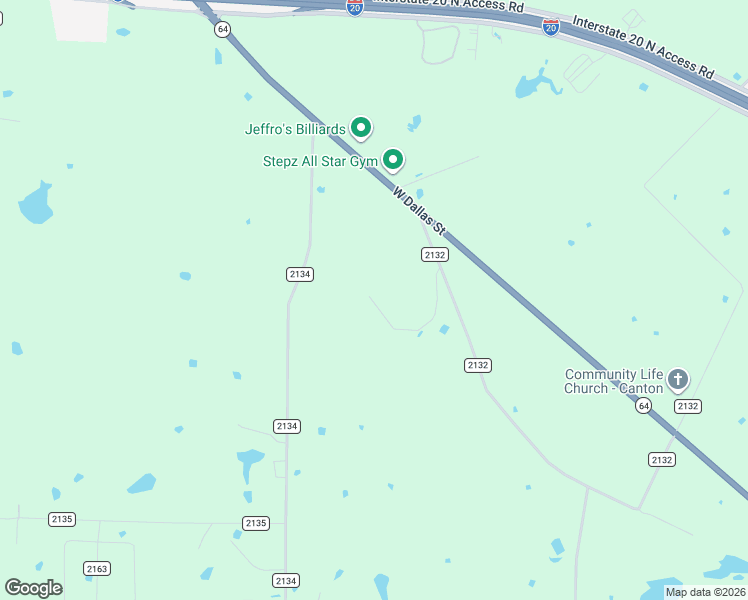 map of restaurants, bars, coffee shops, grocery stores, and more near County Road 2132 in Canton