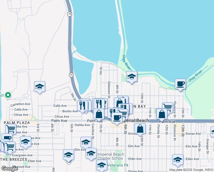 map of restaurants, bars, coffee shops, grocery stores, and more near 470 Delaware Street in Imperial Beach