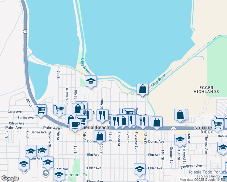 map of restaurants, bars, coffee shops, grocery stores, and more near 497 11th Street in Imperial Beach