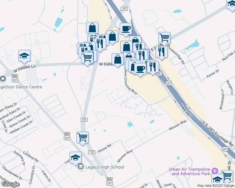 map of restaurants, bars, coffee shops, grocery stores, and more near 1751 Towne Crossing Boulevard in Mansfield