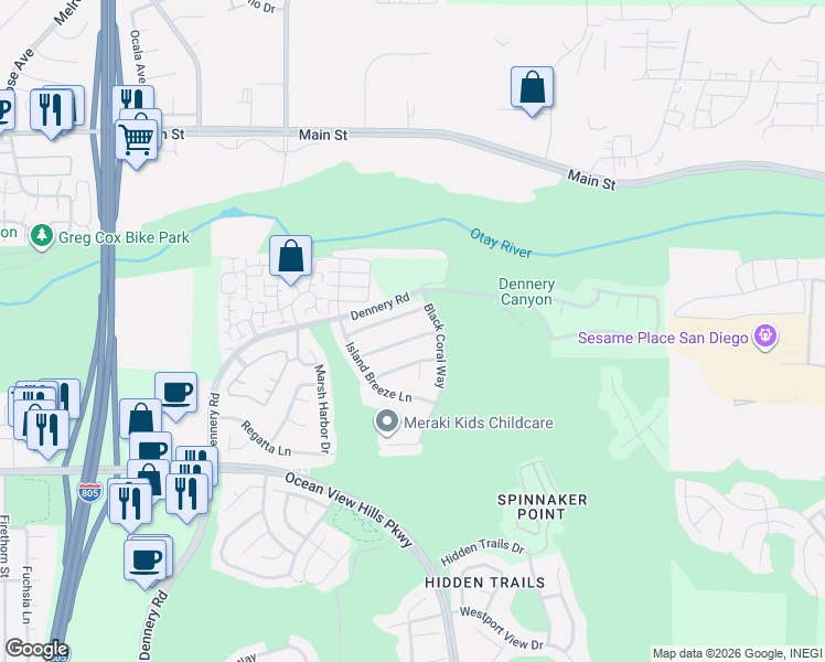 map of restaurants, bars, coffee shops, grocery stores, and more near 4943 Royal Island Way in San Diego