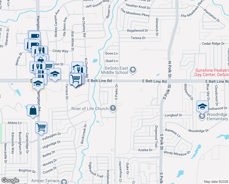 map of restaurants, bars, coffee shops, grocery stores, and more near 115 South Parks Drive in DeSoto