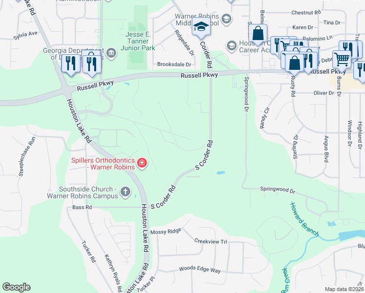 map of restaurants, bars, coffee shops, grocery stores, and more near 1116 Houston Lake Road in Warner Robins