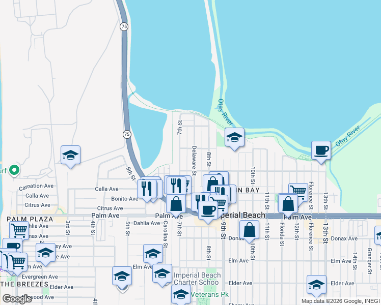 map of restaurants, bars, coffee shops, grocery stores, and more near 470 Delaware Street in Imperial Beach