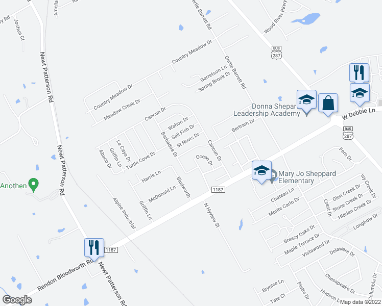 map of restaurants, bars, coffee shops, grocery stores, and more near 1901 Bertram Drive in Mansfield