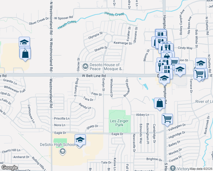 map of restaurants, bars, coffee shops, grocery stores, and more near 107 Windwood Drive in DeSoto