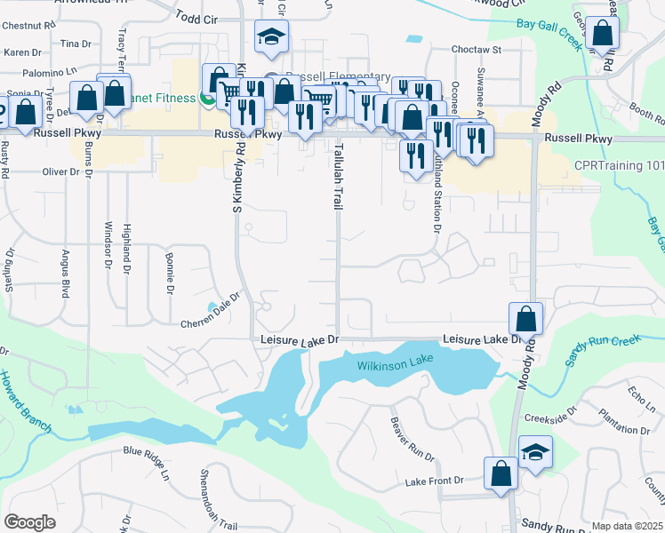 map of restaurants, bars, coffee shops, grocery stores, and more near 428 Tallulah Trail in Warner Robins