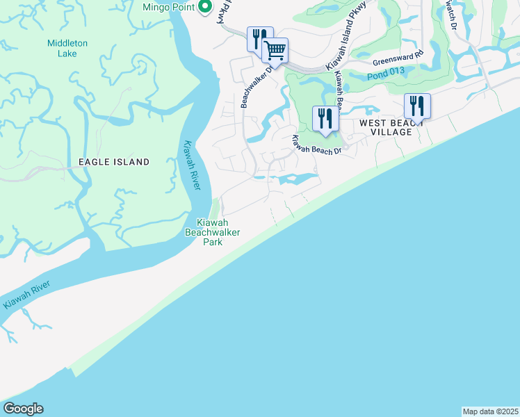 map of restaurants, bars, coffee shops, grocery stores, and more near 1119 Duneside Drive in Kiawah Island