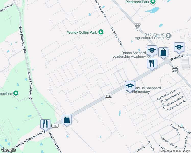 map of restaurants, bars, coffee shops, grocery stores, and more near 1811 Bertram Drive in Mansfield