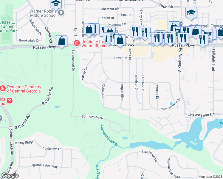 map of restaurants, bars, coffee shops, grocery stores, and more near 108 Hope Place in Warner Robins