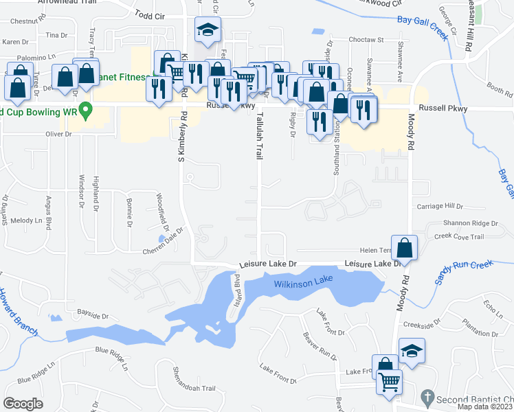 map of restaurants, bars, coffee shops, grocery stores, and more near 402 Tallulah Trail in Warner Robins