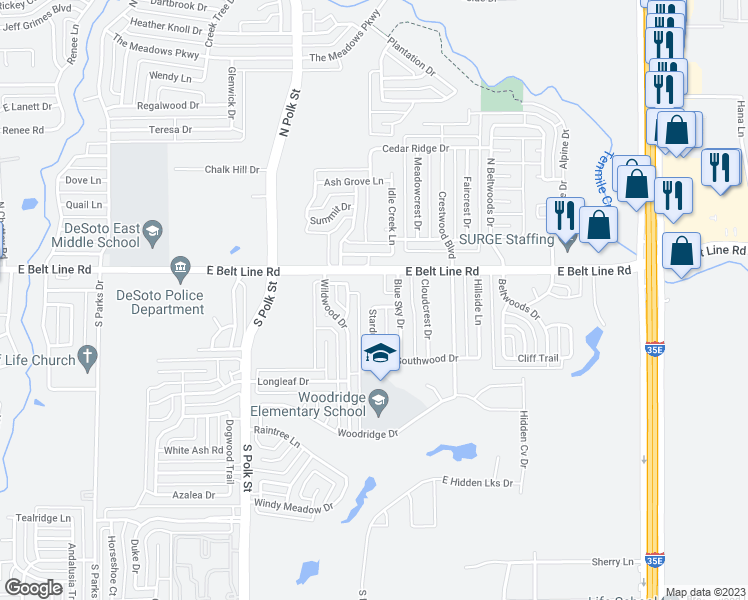 map of restaurants, bars, coffee shops, grocery stores, and more near 909 Sundown Lane in DeSoto