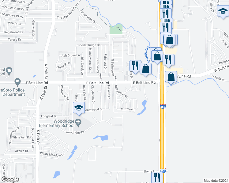 map of restaurants, bars, coffee shops, grocery stores, and more near 117 South Beltwoods Drive in DeSoto