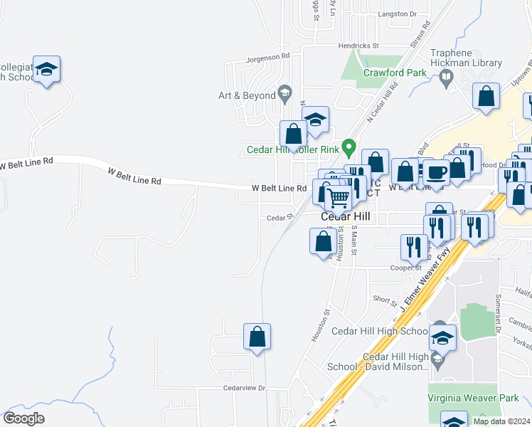 map of restaurants, bars, coffee shops, grocery stores, and more near 915 Cedar Street in Cedar Hill