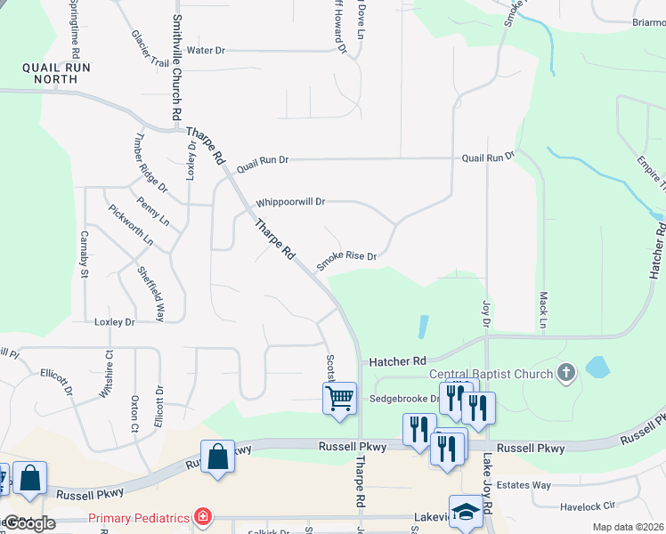 map of restaurants, bars, coffee shops, grocery stores, and more near 104 Smoke Rise Drive in Warner Robins