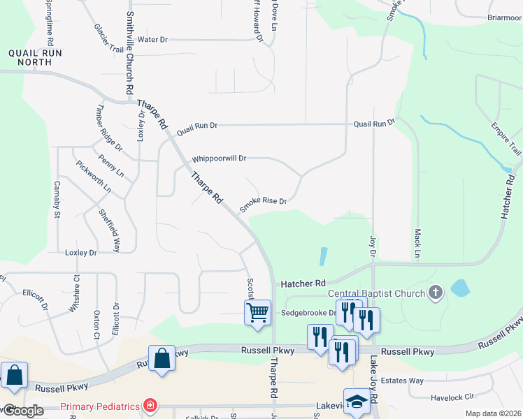 map of restaurants, bars, coffee shops, grocery stores, and more near 104 Smoke Rise Drive in Warner Robins