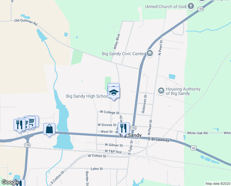 map of restaurants, bars, coffee shops, grocery stores, and more near 401 North Wildcat Drive in Big Sandy