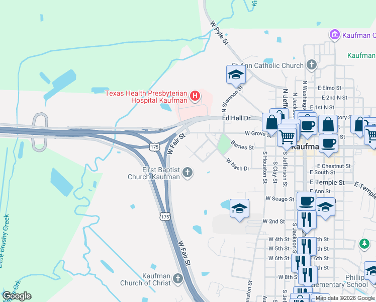 map of restaurants, bars, coffee shops, grocery stores, and more near 309 Carver Street in Kaufman