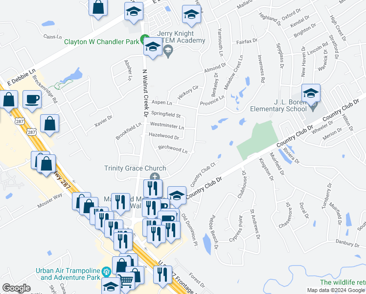 map of restaurants, bars, coffee shops, grocery stores, and more near 1017 Birchwood Lane in Mansfield