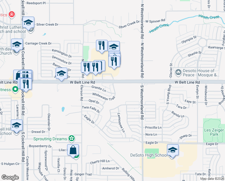 map of restaurants, bars, coffee shops, grocery stores, and more near 117 Whitewater Trail in DeSoto