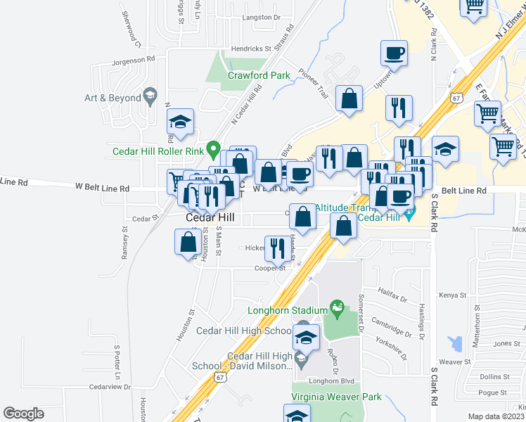 map of restaurants, bars, coffee shops, grocery stores, and more near 317 Cedar Street in Cedar Hill