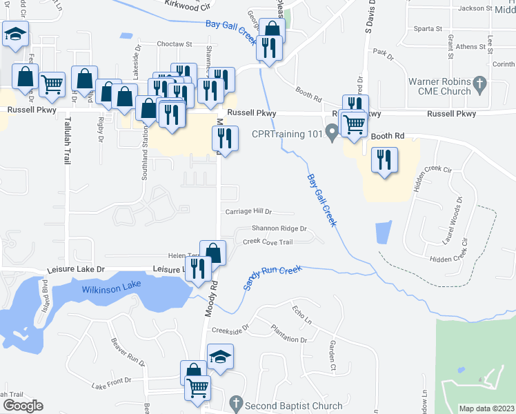map of restaurants, bars, coffee shops, grocery stores, and more near 137 Carriage Hill Drive in Warner Robins