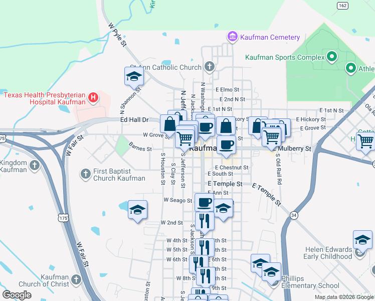 map of restaurants, bars, coffee shops, grocery stores, and more near 212 West Mulberry Street in Kaufman