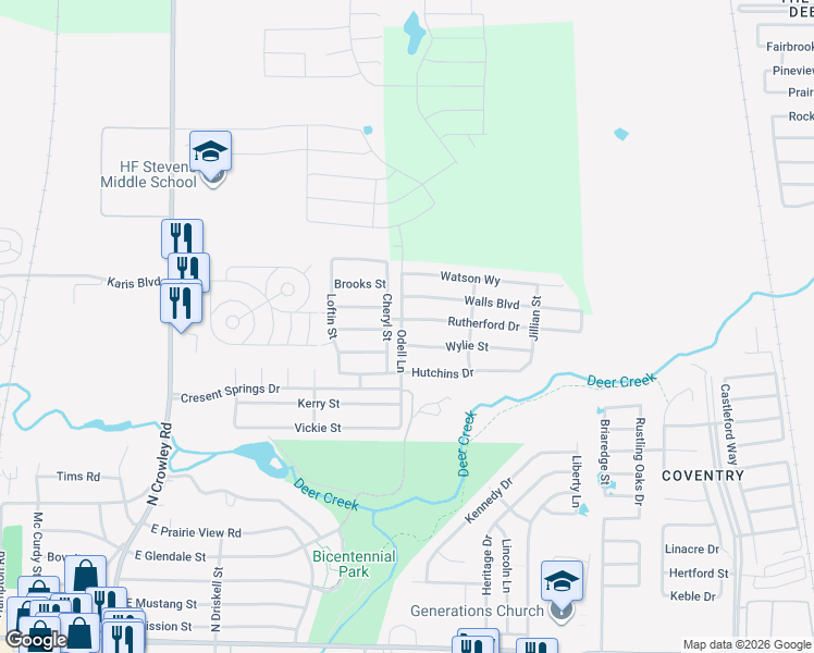 map of restaurants, bars, coffee shops, grocery stores, and more near 712 Wylie Street in Crowley