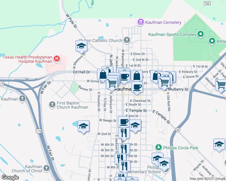 map of restaurants, bars, coffee shops, grocery stores, and more near 212 West Mulberry Street in Kaufman