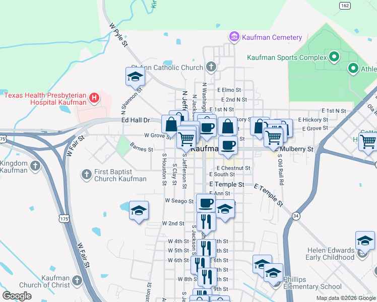 map of restaurants, bars, coffee shops, grocery stores, and more near 212 West Mulberry Street in Kaufman