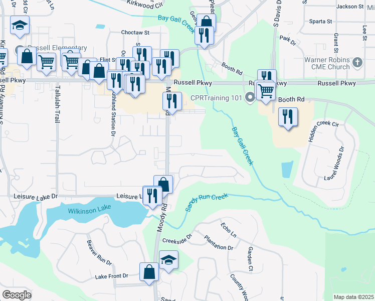map of restaurants, bars, coffee shops, grocery stores, and more near 133 Carriage Hill Drive in Warner Robins