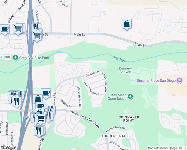 map of restaurants, bars, coffee shops, grocery stores, and more near 4892 Royal Island Way in San Diego