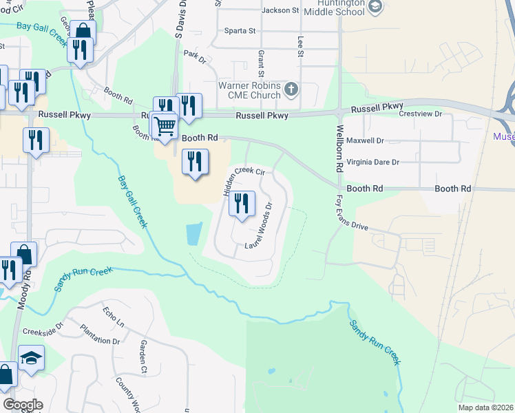 map of restaurants, bars, coffee shops, grocery stores, and more near 118 Timber Mill Court in Warner Robins