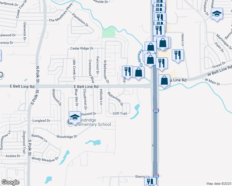 map of restaurants, bars, coffee shops, grocery stores, and more near 125 Honey Tree Circle in DeSoto