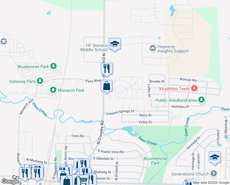 map of restaurants, bars, coffee shops, grocery stores, and more near 245 Swiss Drive in Crowley