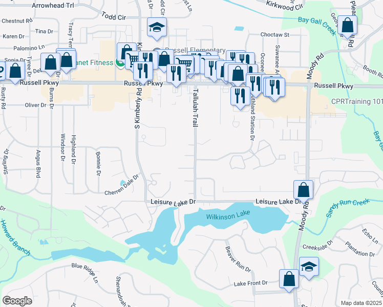 map of restaurants, bars, coffee shops, grocery stores, and more near 428 Tallulah Trail in Warner Robins