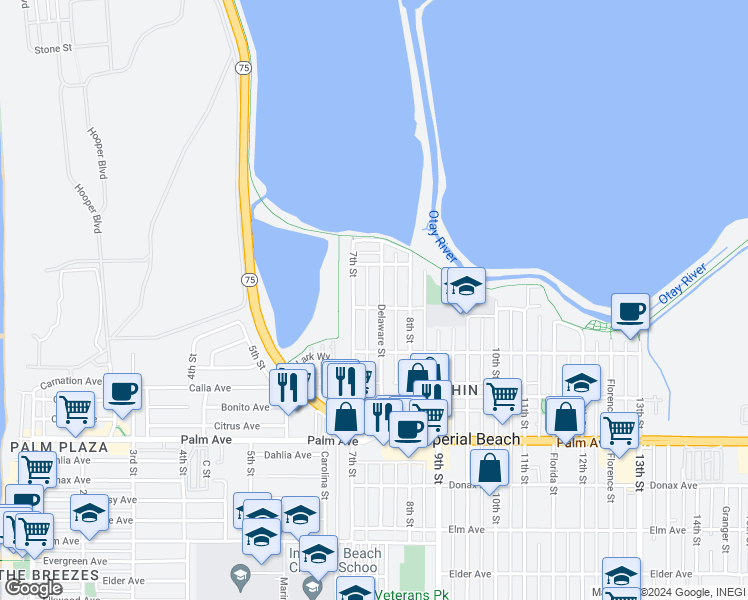 map of restaurants, bars, coffee shops, grocery stores, and more near 470 Delaware Street in Imperial Beach